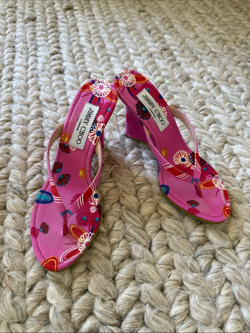 Jimmy Choo Hot Pink Floral Wedge Sandals